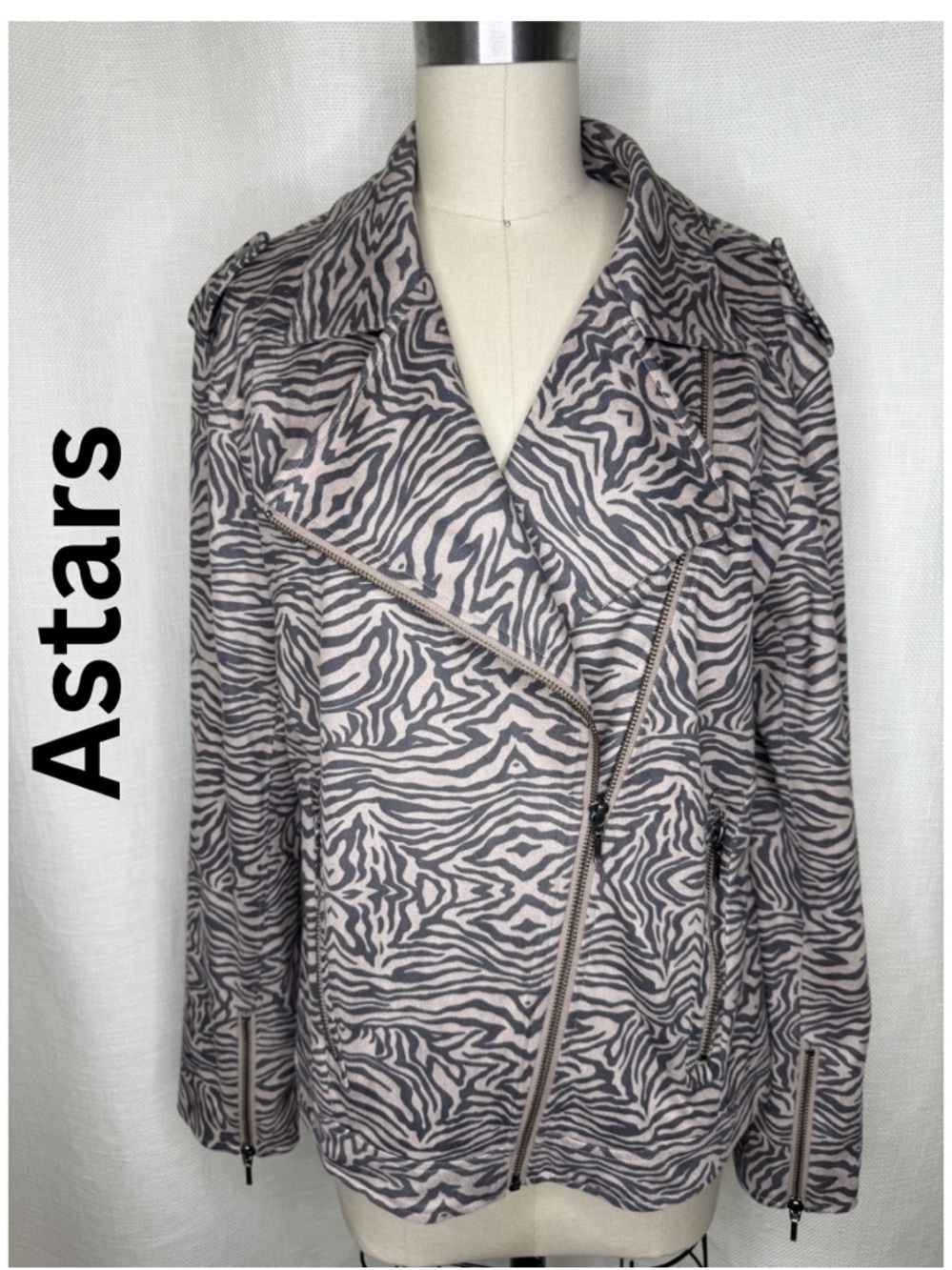 Astars Zebra Print Moto Jacket Size L Taupe Gray Zip Stretch Lightweight